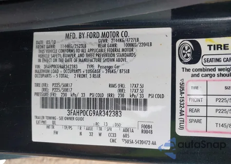2010 Ford Fusion Sel from USA, damaged, VIN 3FAHP0CG9AR342383